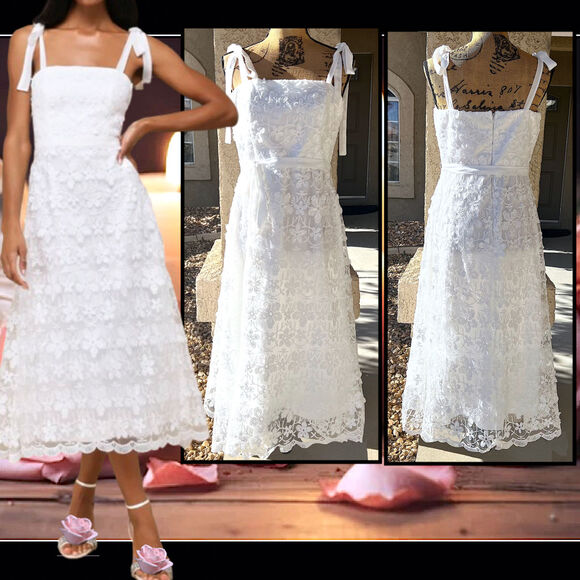 Lulus Striking Perfection White Embroidered Sequins Tie-Strap Midi Dress Size: L - Picture 1 of 14